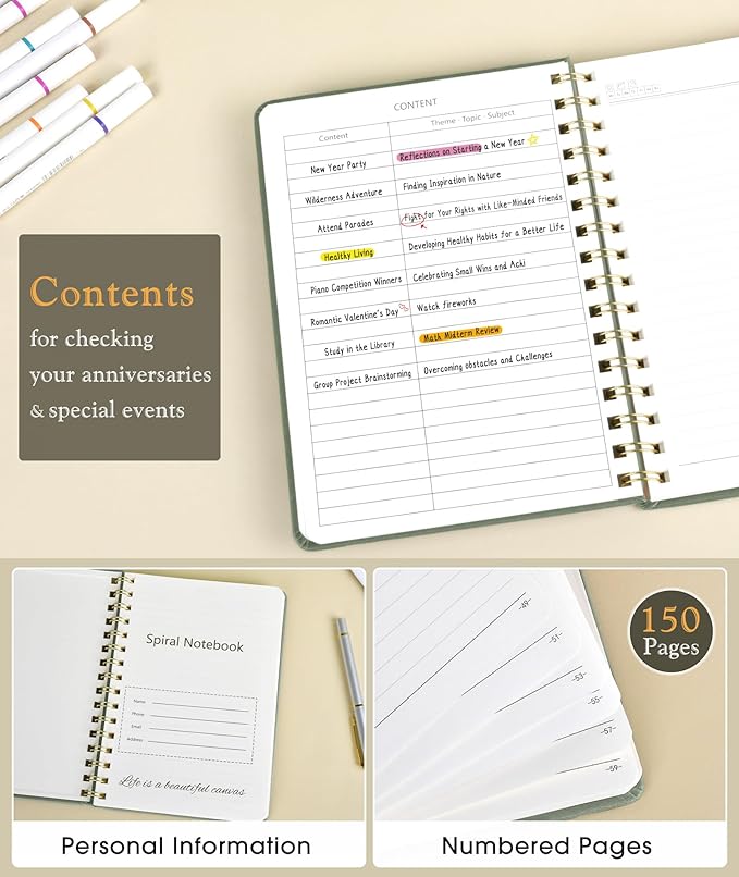 Lined Spiral Journal Notebook, A5 Hardcover Spiral Journals for Women Men, 150 Numbered Pages Spiral Bound Notebook, 100 GSM College Ruled Notebooks for Writing Note Taking 5.75" x 8.38", Sage Green-DeskLoop Office