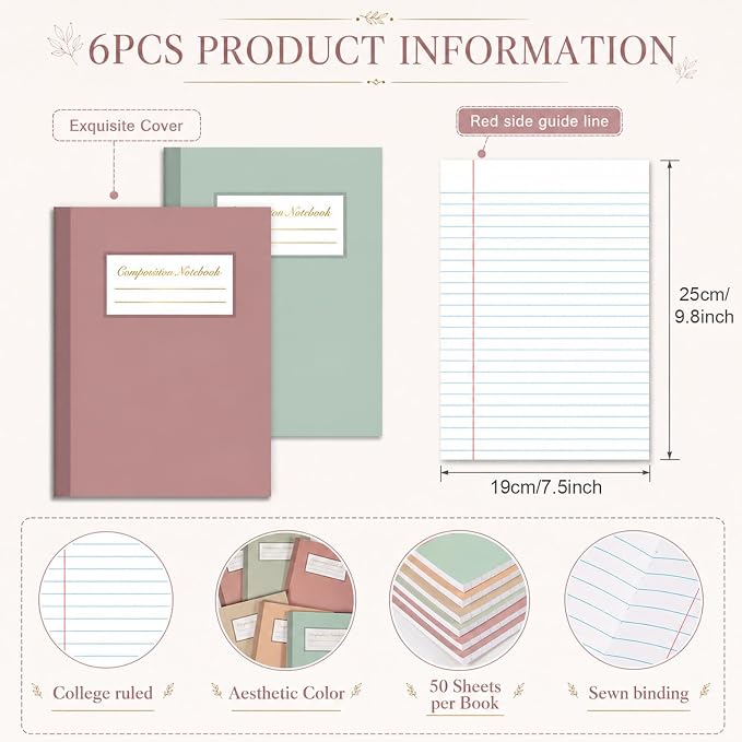 6 Pack Large Composition Notebooks Bulk 9.8 × 7.5 in Wide Ruled Hard Cover - Image 2
