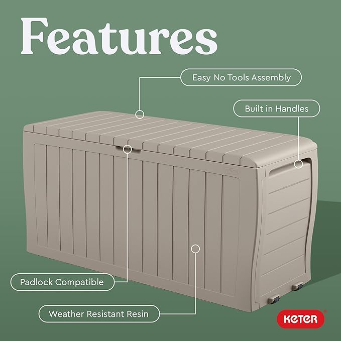 Keter Marvel Plus 71 Gallon Resin Deck Box-Organization and Storage for Patio Furniture Outdoor Cushions, Throw Pillows, Garden Tools and Pool Floats, Beige-DeskLoop Office