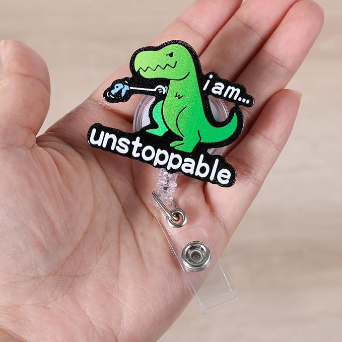 I Am Unstoppable T-Rex Glitter Funny Retractable Nurse Badge Reel ID Holder | - Image 3