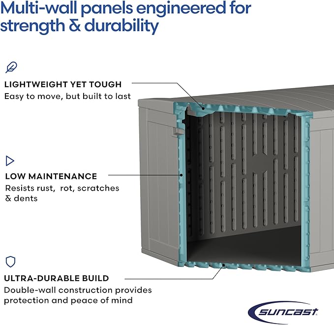 Suncast 120-Gal. All-Weather Patio Deck Box with Pad-Lockable Split Top Lid, Extra-Large Outdoor Storage Unit for Patio Furniture and Grill Tools, Made in the USA-DeskLoop Office