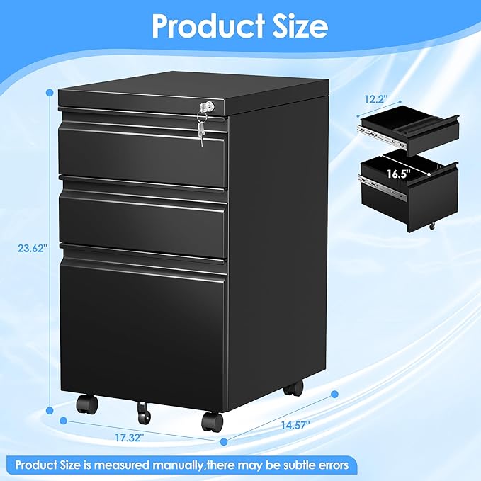 3 Drawer Under Desk Mobile File Cabinet with Lock, Metal Storage Cabinet for Office & Home, Legal/Letter Size, Fully Assembled Except Wheels, Black-DeskLoop Office