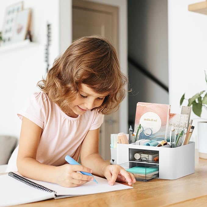 Cayxenful Pencil Pen Holder for Desk, 2 Drawer Desk Organizers, 5 Compartments - Image 7