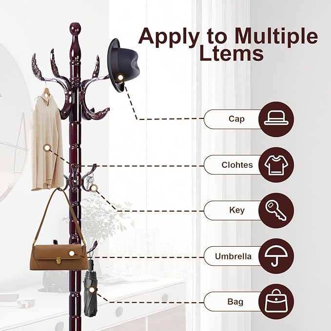 Solid Wood Coat Rack – 72" Freestanding Coat Racks Stand with 14 Hooks & Stable Base, Adjustable Height Modern Wooden Hall Tree for Entryway, Bedroom, Office, Home (Mahogany Phoenix Hook)-DeskLoop Office
