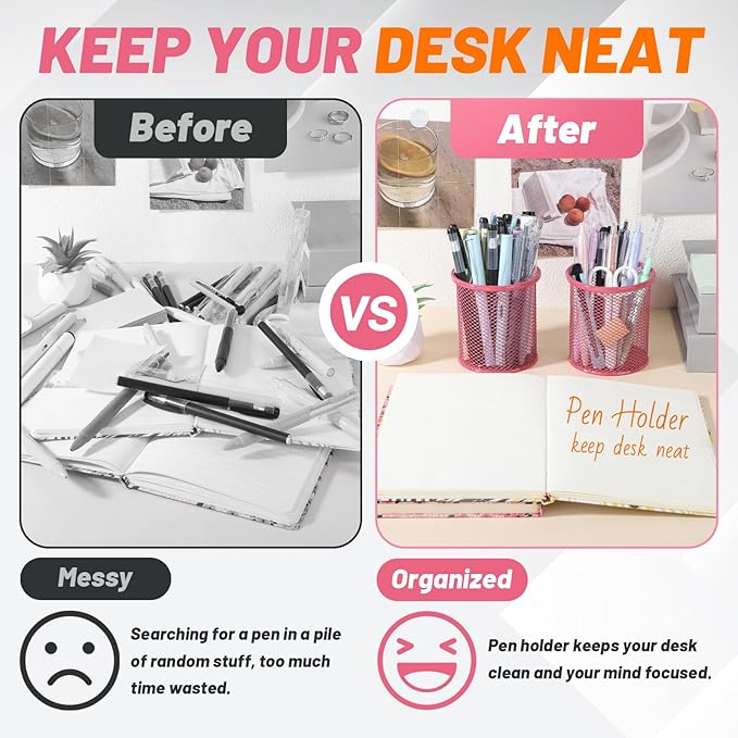 Segarty Pen Cup, 6 Pack Cute Dark Pink Pen Holder, Round Mesh Pencil Holder for Desk, Desktop Accessories Organizer for Office Supply, School, Home Storage, Makeup Brush Organization-DeskLoop Office