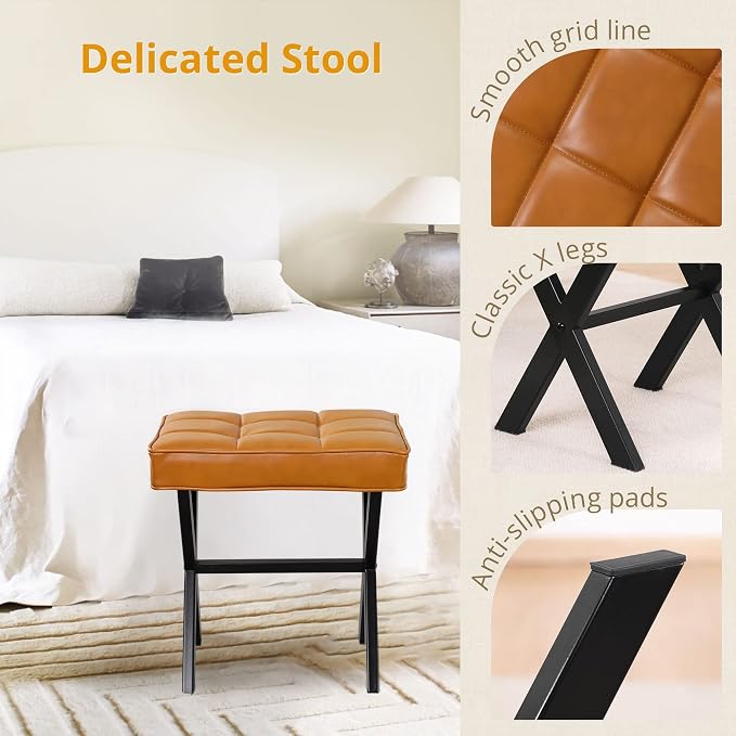 LUE BONA Vanity Stool, Faux Leather X-Leg Foot Stool, Small Ottoman Makeup - Image 7