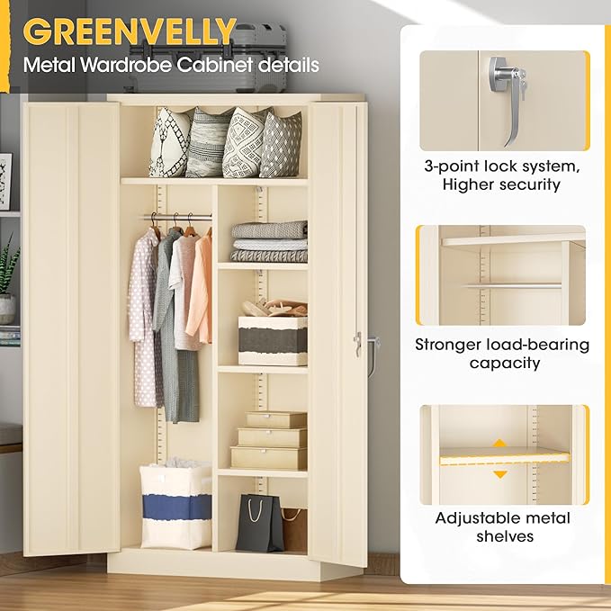 Greenvelly Metal Storage Wardrobe Cabinet with Lock, 72" Grey Metal Wardrobe Closet for Hanging Clothes with Doors and Shelves, Modern Clothes Closet for Home, Office and Bedroom, School,Gym-DeskLoop Office