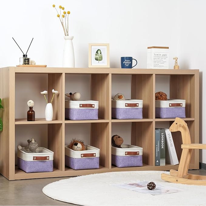 DULLEMELO Small Storage Baskets 6 Pack, Fabric Collapsible Gift Storage Baskets for Shelves, Closets, Nursery, Home, Office Organizing,Small Canvas Linen Rectangular Storage Bins (White&Purple)-DeskLoop Office