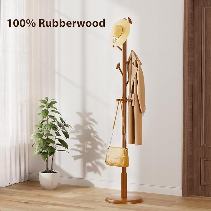 Solid Wood Coat Rack Freestanding Coat Tree with 10 Hooks for Bedroom, Livingroom, Entryway, Sturdy Coat Hanger Stand for Hats, Coats, Scarves, Handbags, Purses-DeskLoop Office