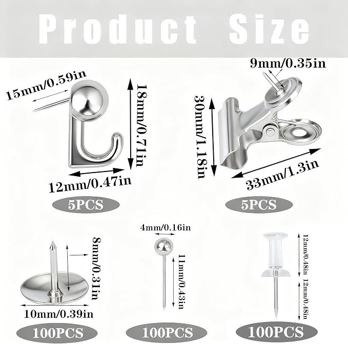 310 Pcs Silver Push Pins Set, 5-Style Decorative Thumb Tacks - Image 2