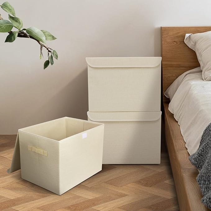 Large 42 Quarts Collapsible Stackable Storage Bins Cube with Lids [3-Pack] Foldable Fabric Linen Storage Boxes, Closet Organizer Baskets with Label for Home (16.7 x 12 x 12", Beige)-DeskLoop Office