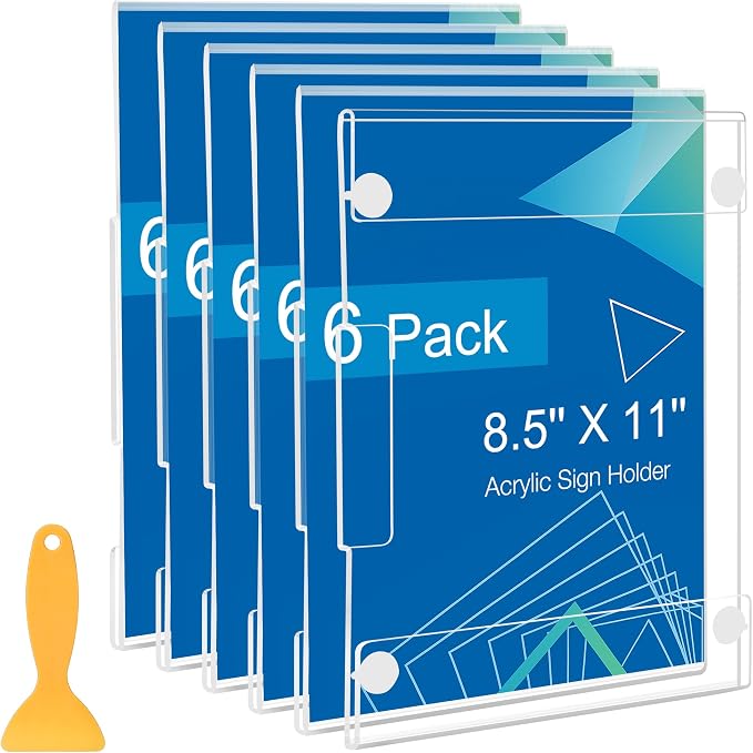 6 Pack Acrylic Sign Holder 8.5 x 11 Wall Mount, Vertical & Horizontal Use by DECOHOBO