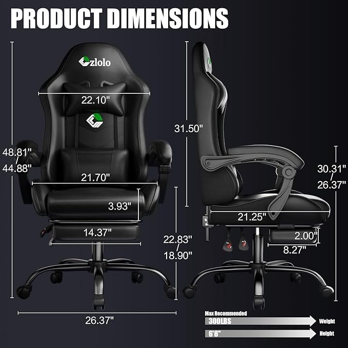 Gaming Chair, Ergonomic Office Computer Chair with Footrest and Lumbar Support Massager Racing Style High Back Video Gamer Chair, Wide＆Thick Cushion, 90°-135° Recline, Adjustable Height, Black-DeskLoop Office