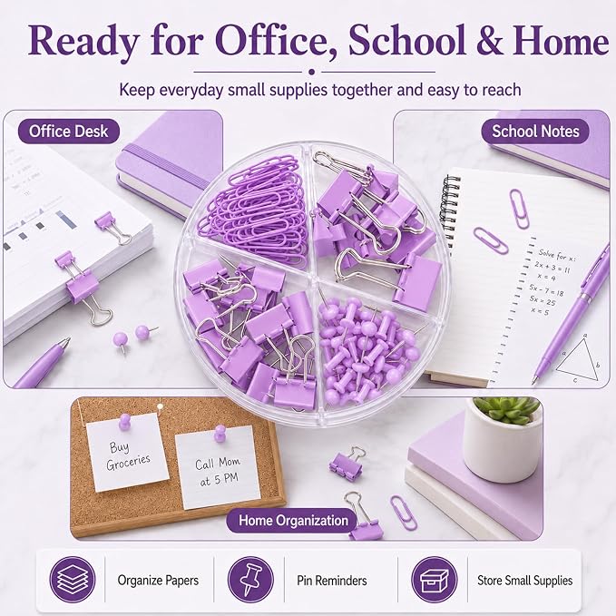 Purple Binder Clips and Paper Clips Push Pins Tacks Sets, Total 72 PCS Assorted - Image 6