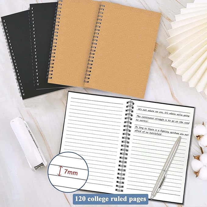 GINMLYDA 4Pack Small Spiral Notebook A5, 8.25x5.5” 120 Lined Pages Wide Ruled Spiral Journal Bulk Blank Kraft Cover Spiral Bound Notebook & Writing Pads for Home Office Meeting Work Note Taking-DeskLoop Office