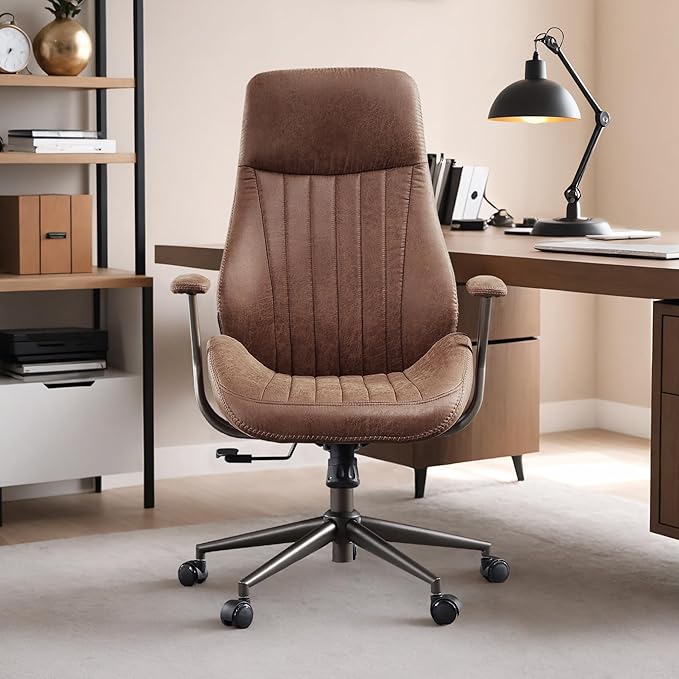 Mid Century Modren Office Chair - High Back Swivel Executive Chair with Lumbar Support,Ergonomic Computer Desk Chair with Wheels,Faux Lether Suede Task Chair,350lbs(Dark Brown, High Back)-DeskLoop Office