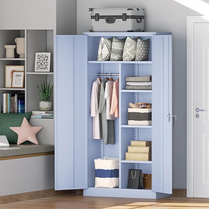 Greenvelly Metal Storage Wardrobe Cabinet with Lock, 72" Dark Grey Metal Wardrobe Closet for Hanging Clothes with Doors and Shelves, Modern Clothes Closet for Home, Office and Bedroom, School,Gym-DeskLoop Office