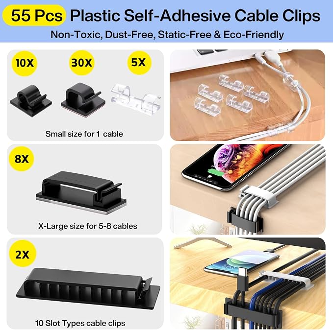 Cable Management Kit, 67 Adhesive Cable Clips, Topavatop Desk Cord Organizer - Image 2