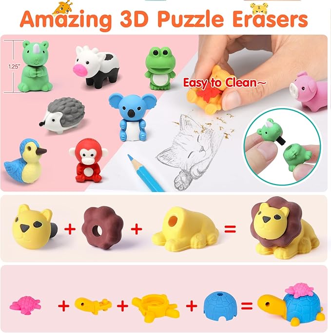 34 Pack Animal Pencil Erasers for Kids, 3D Mini Puzzle Take Apart Erasers, Desk Pets & Treasure Box Toys, Bulk Party Favors, Classroom Prizes, School Supplies, Gift for Boys & Girls-DeskLoop Office