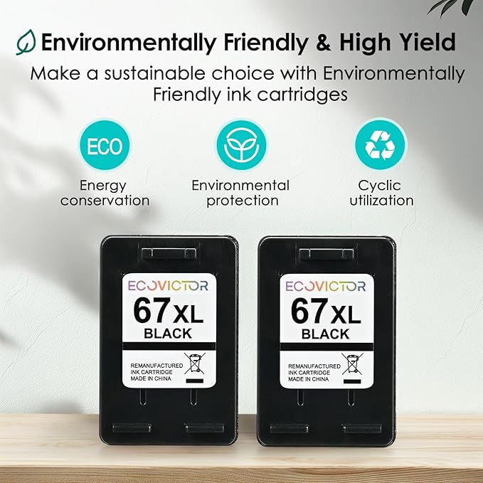 EcoVictor 67XL Black Ink Cartridge Replacement for HP 67 XL (2-Pack) Compatible to HP DeskJet 2755e 2700 2700e 4155e 2752 2755 4100 4100e 2320 Envy 6055e 6000 6000e 6455e 6400 6400e 6458 6052 Printer-DeskLoop Office