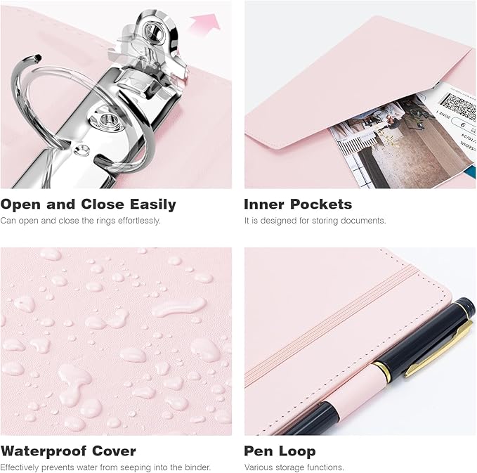 Ospelelf 3 Ring Binder with Clipboard 2 Inch Leather Binder for Letter Size (8.5" x 11"), Clipboard Binder with 5 Tab Dividers Back to School Supply, Pink-DeskLoop Office