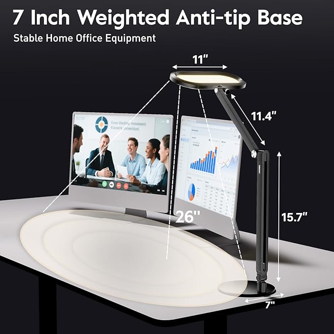 Eye-Caring Desk Lamp for Home Office – LED Soft Light with Knob Remote, Stepless Dimming & Color, Memory, Metal Table Lamp for Zoom, Studying, Video Conference, Flicker-Free, Glare-Free-DeskLoop Office