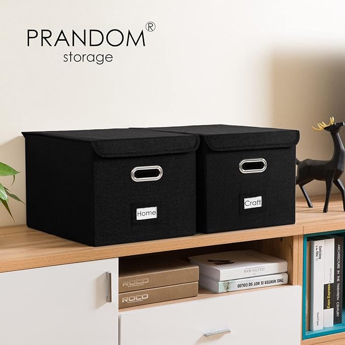 PRANDOM File Organizer Box - Set of 2 Collapsible Decorative Linen Filing Storage Hanging File Folders with Lids Office Cabinet Letter Size Black (15x12.2x10.75 inch)-DeskLoop Office