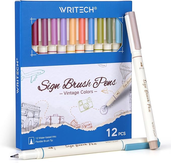 WRITECH Arts Sign Brush Pen Brush Tip Marker Felt Tip Water Based Ink Color Pens 12 Assorted Vintage Colors Great for Lettering Journaling Calligraphy (Vintage)-DeskLoop Office