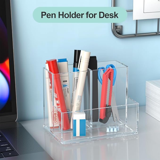 Clear Pen Holder for Desk, Small Acrylic Pencil Holder, Compact Makeup Brush - Image 3