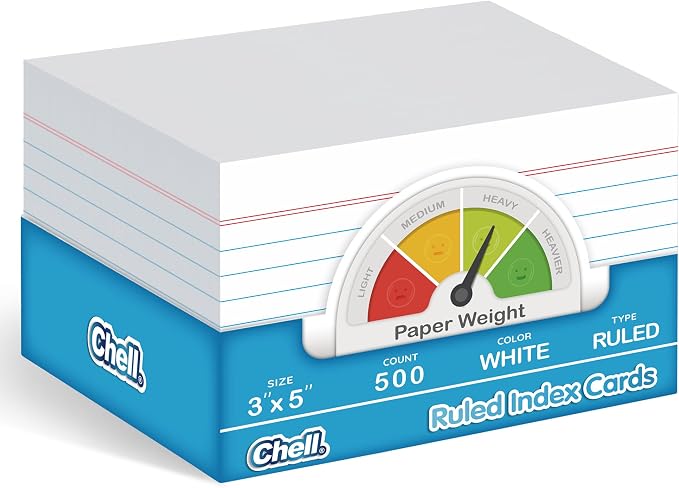 Chell 500 Count Index Cards 3x5 Inch Heavyweight, Ruled Front and Blank Back by chell