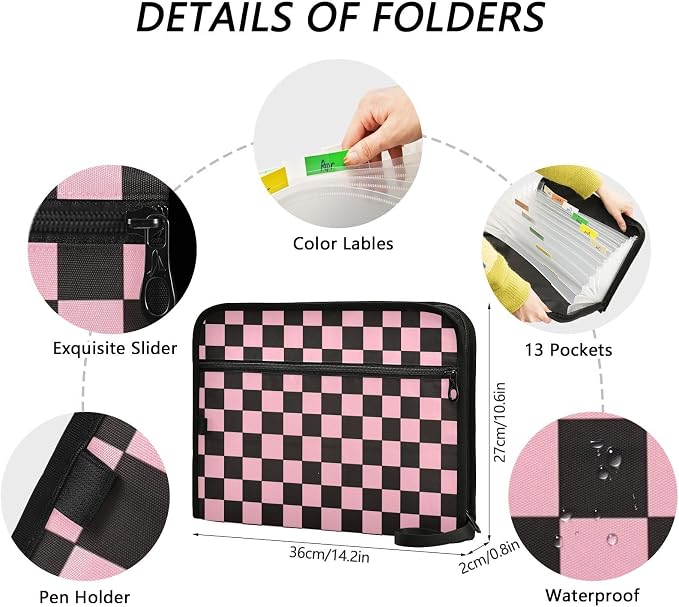 Black Pink Checkerboard Accordion File Organizer Expanding Document Folder - Image 3
