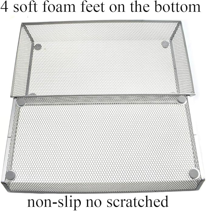 HAHIYO Stackable Mesh Tray Cup 12 x 6 x 2 inches Sturdy Container for Desk Drawer Organizer Collection for Home Office School kitchen Soft Foam Feet No Sharp Edges 1 Pack Silver-DeskLoop Office