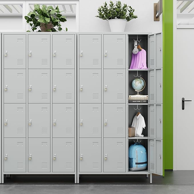 Metal Lockers for Employees with 12 Door & Hooks,Metal Storage Locker with Lock and Card Slot for School Office Garage Gym Bedroom Home,Assembly Required,12 Doors Light Grey-DeskLoop Office