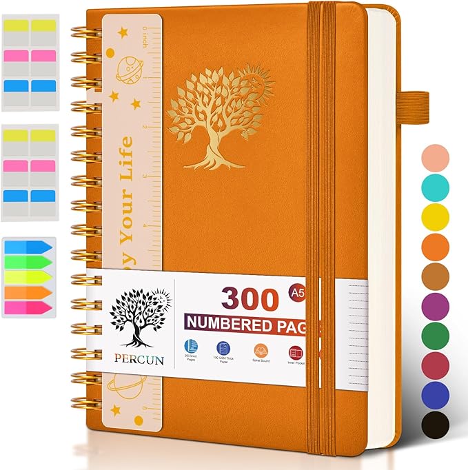 Spiral Notebook Journal for Women Men, 300 Numbered Lined Pages, College Ruled, A5 Hardcover Spiral Bound Notebook for School, Work, Note Taking Writing, Leather Spiral Journal Medium 5.9"x8.5"-DeskLoop Office