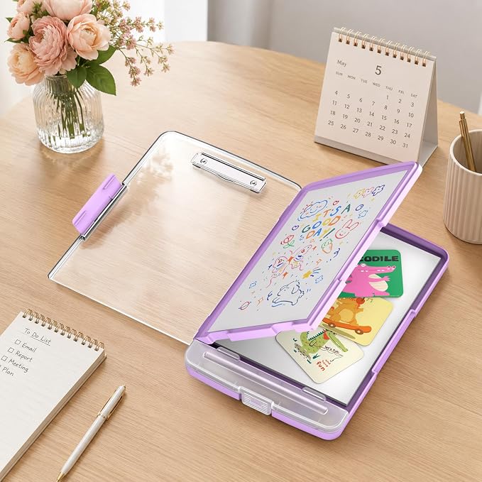Clipboard with Storage and Pen Holder, Light Purple 8.5 x 11'' Folder Side Open - Image 7