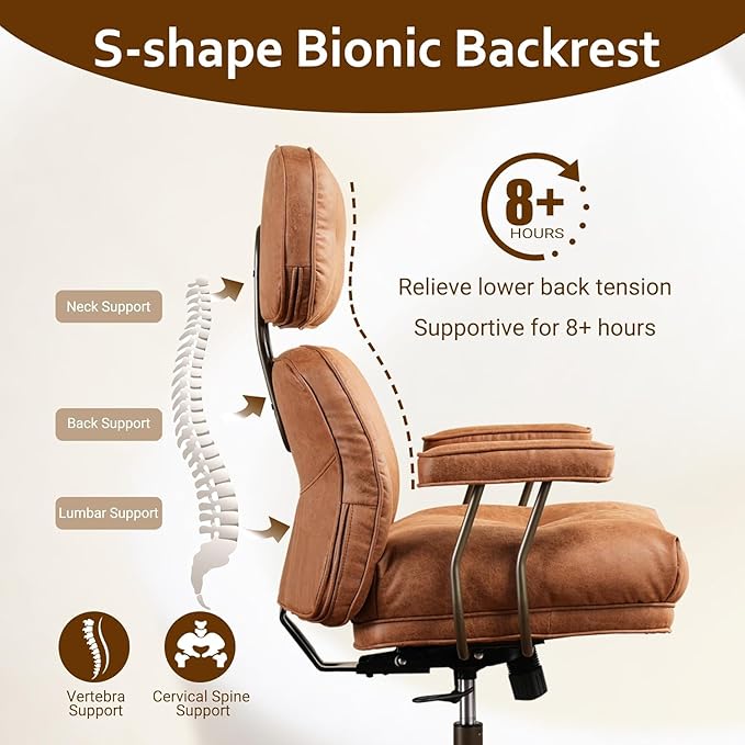 Faux Leather Executive Office Chair - Big and Tall Ergonomic Home Office Chair,Reclining Computer Desk Chairs with Lumbar Support,Adjustable Swivel Rolling PC Chairs with Wheels,Suede,Brown-DeskLoop Office