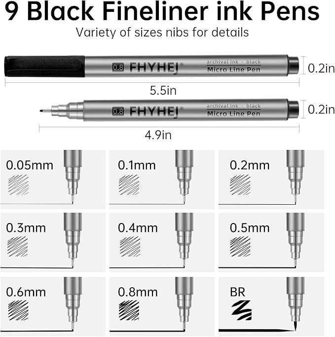 Micro Fineliner Drawing Art Pens: 9 Black Fine Line Ink Set Artist Supplies Archival Inking Markers Liner Professional Sketch Outline Anime Sketching Artist Illustration Watercolor-DeskLoop Office