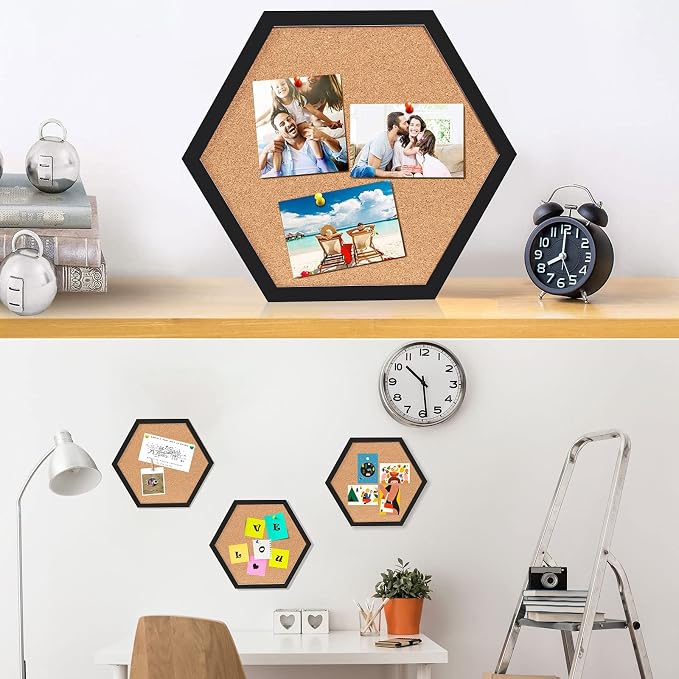 Cork Bulletin Board Hexagon Black, Small Framed Corkboard Tiles - Image 2
