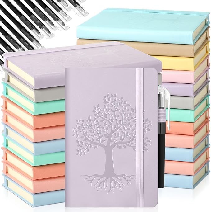 Estune Tree Small Notebooks Pen Leather Lined Pocket Subject Notebooks Hardcover Pocket Notepad Cute Ruled Leather Journals with Pen Holder for Men Women School Business, A6(Elegant Color,30 Set)-DeskLoop Office