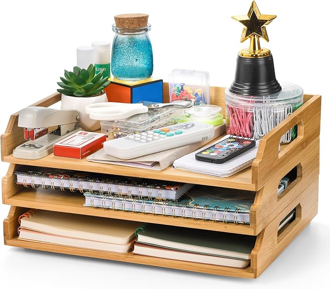 Okllen 3 Pack Stackable Paper Trays, Bamboo Desk Letter Tray Set, 3 Tier File by Okllen