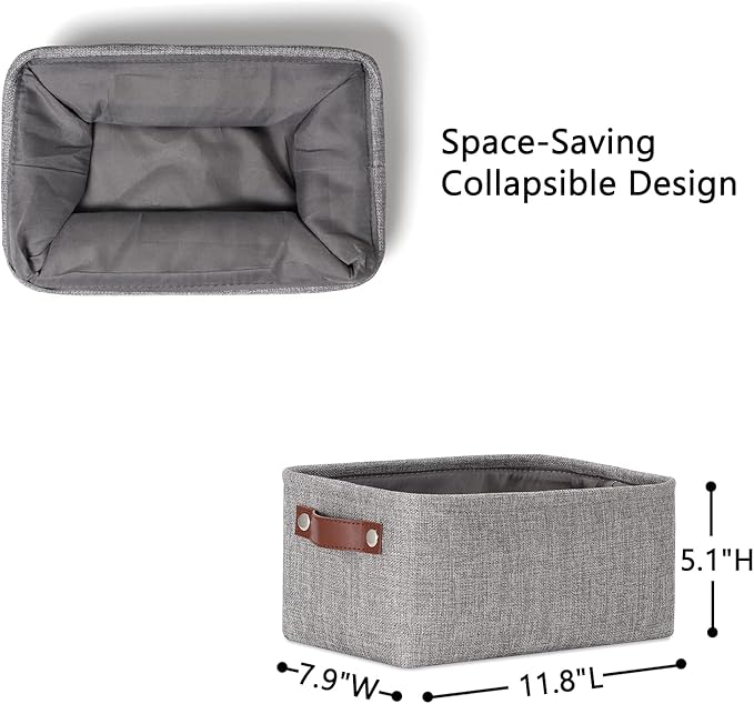 DULLEMELO Small Storage Baskets 11.8"x7.9"x5.1", Fabric Storage Bins for Shelves,Closets,Nursery,Home,Office [3 Pack], Collapsible Storage Baskets with Leather Handles (Gray)-DeskLoop Office