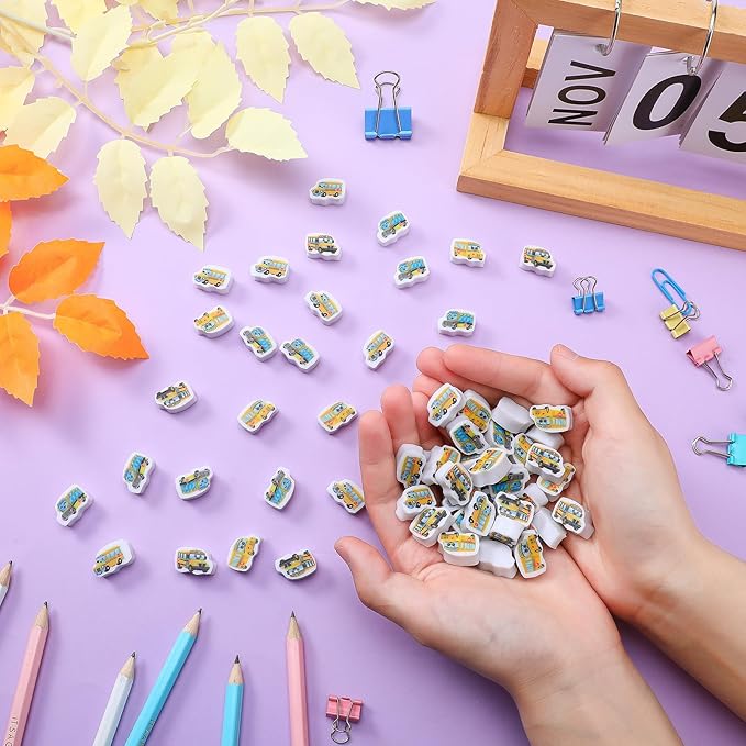 PerKoop 60 Pcs Mini Erasers for Kids Cute School Bus Erasers Bulk Welcome Back to School Gifts for Students Classroom Rewards Prizes Party Favors-DeskLoop Office