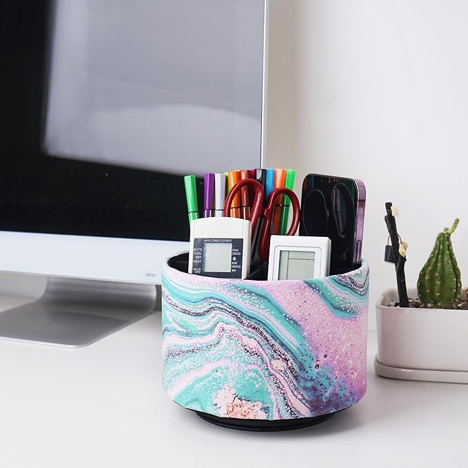 Round Leather Art Supply Organizer,Remote Control Holder,360-degree Rotating Pen Organizer with 4 Compartments(1-Pink Green Splash Ink)-DeskLoop Office