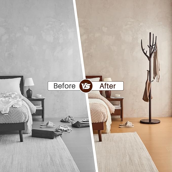 Uniclinens Coat Rack Freestanding Solid Wood Coat Tree Standing with 12 Hooks, Coat Rack Stand Creative Tree Branch-look (Dark Walnut)-DeskLoop Office