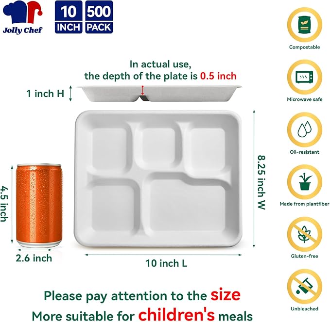 JOLLY CHEF Compostable  Compartment Paper Plates 10*8.25*1  Small - Image 2