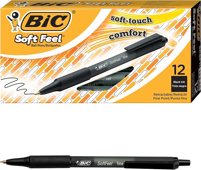 BIC Soft Feel Black Retractable Ballpoint Pens, Medium Point, 12-Count Pack by BIC