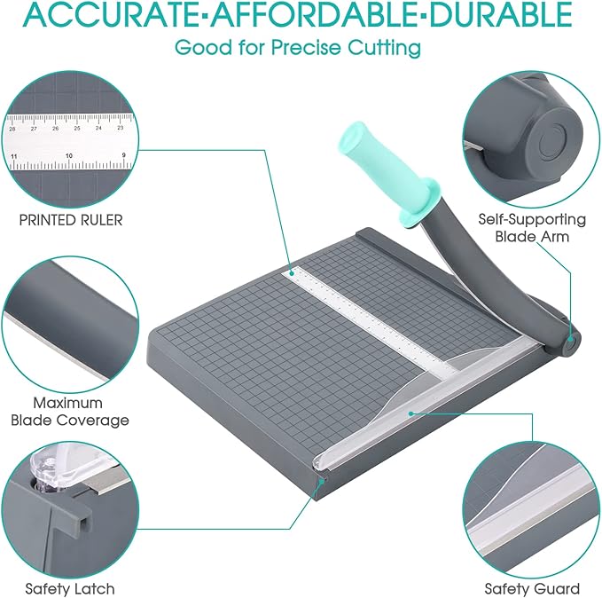 Paper Cutter, Paper Trimmer with Safety Guard, 12" Cut Length Paper Slicer with 16 Sheet Capacity Paper Cutting Board,Guillotine Paper Cutters and Trimmers for Cardstock Cardboard Vinyl (Gray)-DeskLoop Office