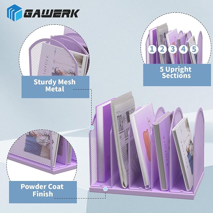 Gawerk 5-Section Vertical Desktop Organizer, 5-Section Mesh File Folder Stand - Image 3