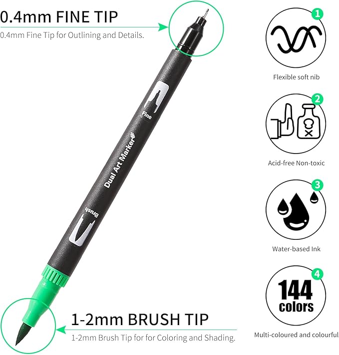 Double Brush Marker Pens, 144 Colors Art Markers Set with Fine Tip and Brush Tip for Kids Adult Coloring Book Hand Lettering Calligraphy Drawing Art Supplies Kit-DeskLoop Office
