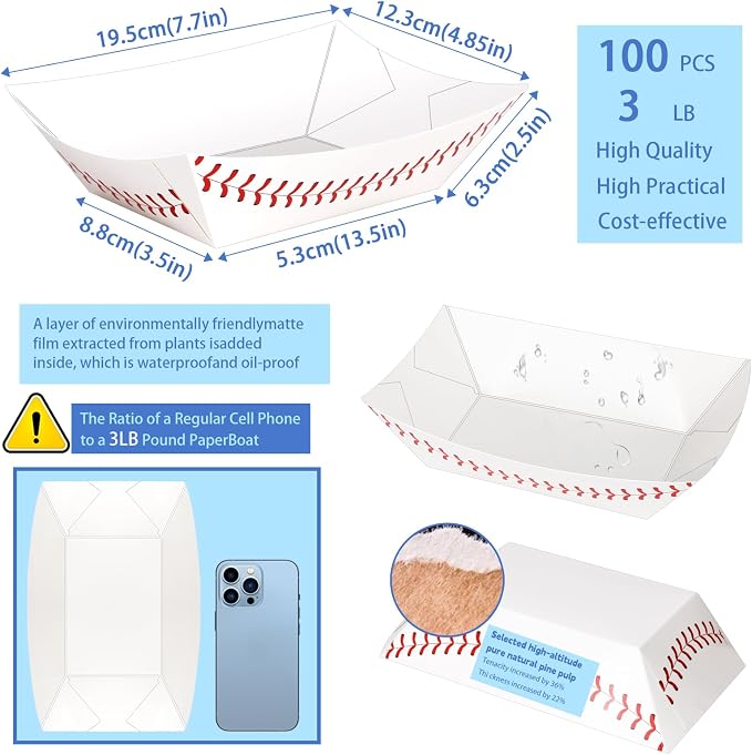 100 Pack 3Lb Paper Food Boat Trays, Baseball Birthday Decoration Baseball Party - Image 2